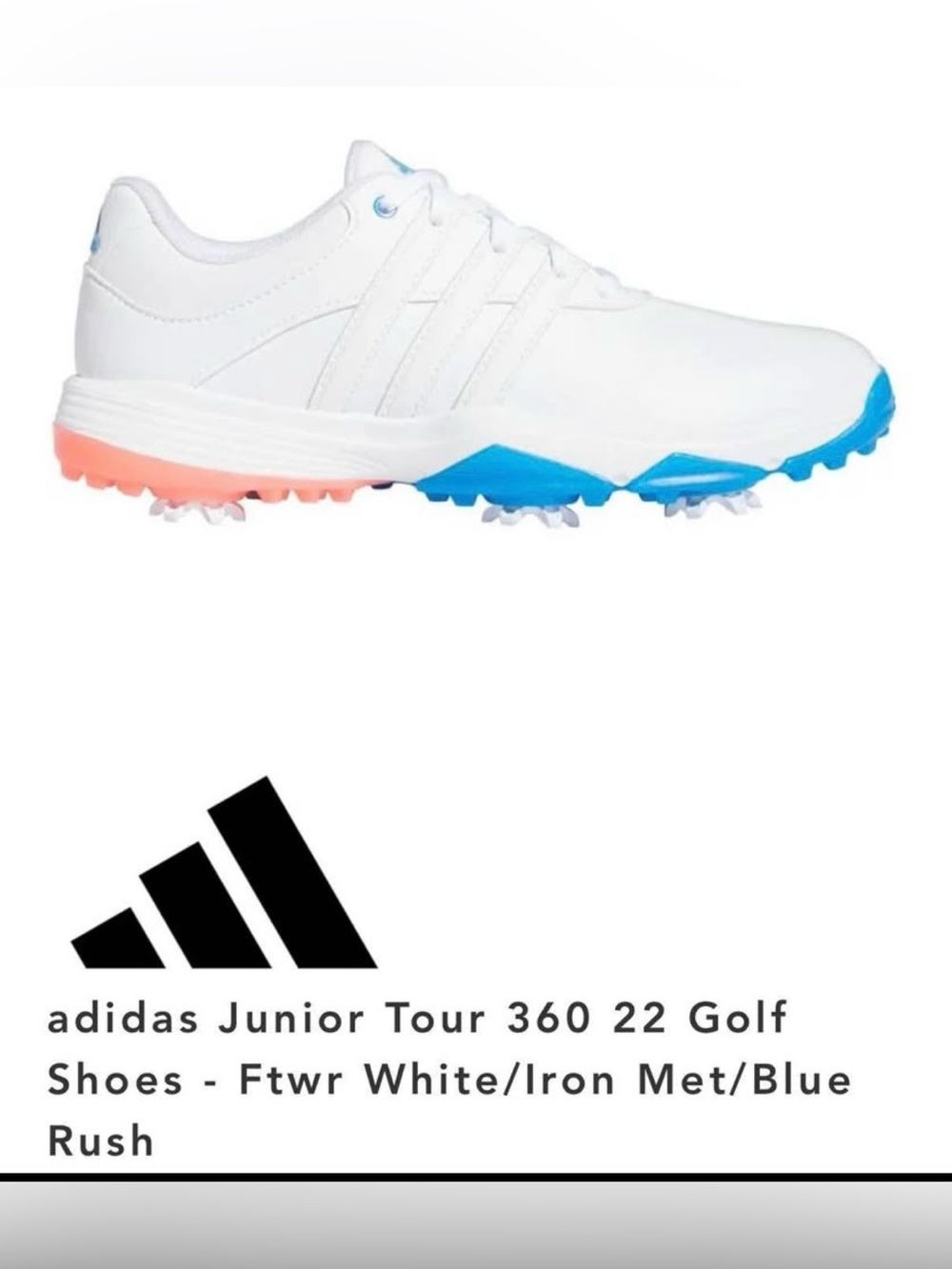 adidas White Golf Shoes with Blue and Coral Accents Youth Size 6 - Boy or Girl